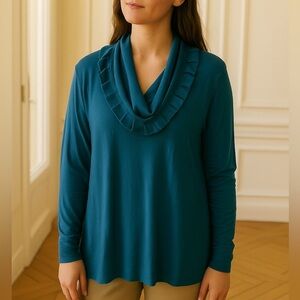Tahari Women's Ruffle Neck Long Sleeve Turquoise Blue Ruffled Sweater Top Sz 3X